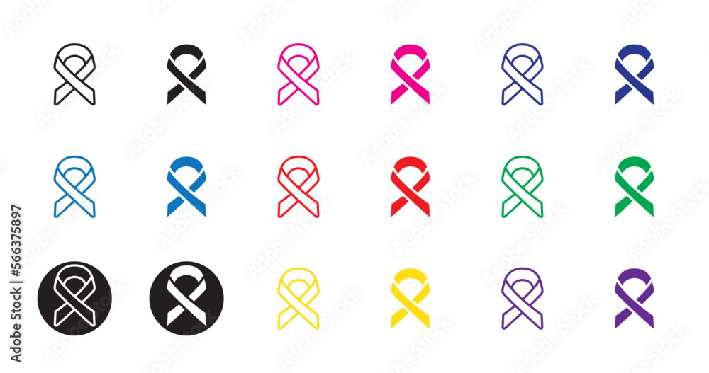 Multi colored cancer ribbons. Vector Icon Illustration. For world cancer day.