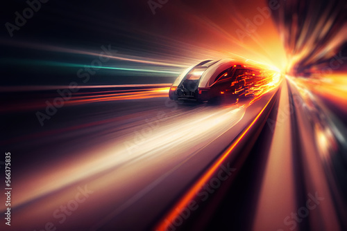 Moving at the speed of light. Futuristic train speed burst with vivid glowing lights and motion blue. Digitally generated AI image