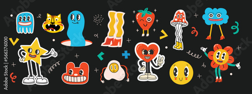 Fashion patch badges with lips, hearts, speech bubbles and other elements. Vector illustration set of stickers, pins, patches in cartoon 80s-90s style.