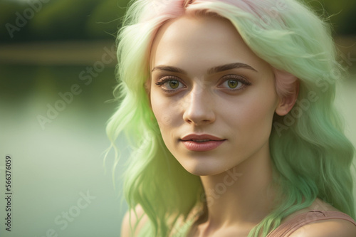 a young adult woman with green pastel hair by a lake