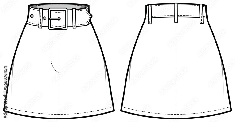 Women's belted mini Skirt flat sketch fashion illustration cad drawing with front and back view