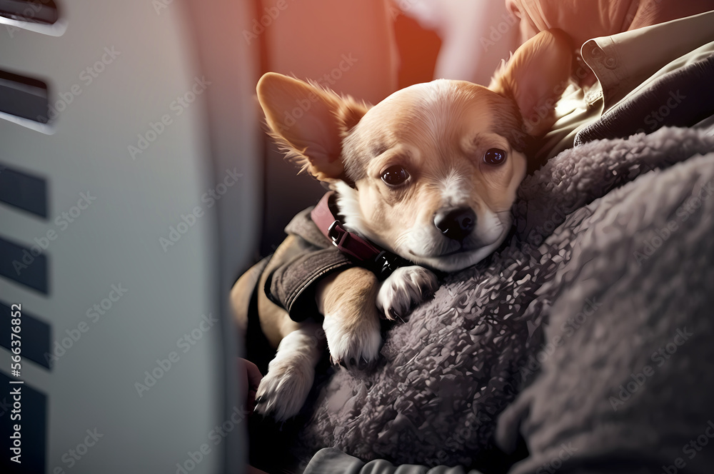 Traveler dog in hands of owner in airplane and train transport. Concept travel with pet animal. Generation AI Traveler dog in hands of owner in airplane and train transport. Concept travel with pet animal. Generation AI