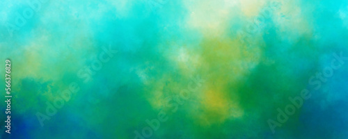 Abstract blue green and yellow background bright color grungy mist wallpaper texture with fog haze or smoke pattern in creative header design element horizontal painted textured web image backdrop