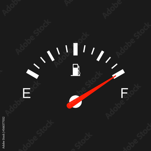 Fuel gauge indicates high fuel level. Vector illustration of classic gas tank indicator on car dashboard panel. Full tank of gasoline.