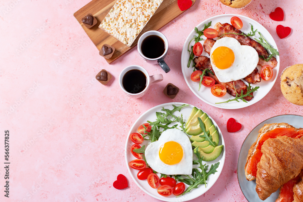 Couple breakfast border on Valentines Day on pink background, top view Couple breakfast border on Valentines Day on pink background, top view