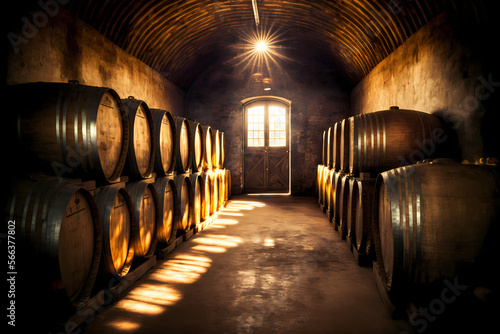 Italy Storage cellar with barrels making wine or whisky bottles with sunlight. Generation AI