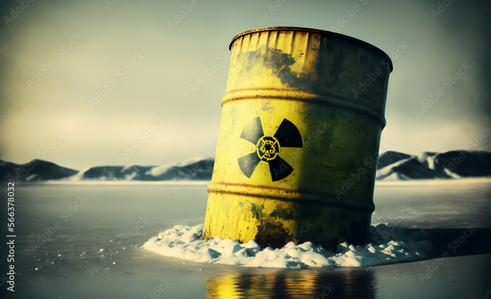 Concept disposal of radioactive waste in Antarctica of Earth pollution. Yellow barrels for