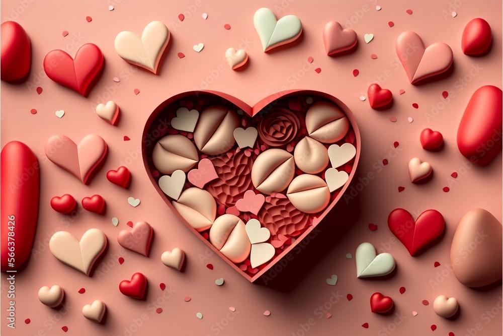 Saint Valentine day background with gift box and various red hearts. Flat lay style greeting composition Saint Valentine day background with gift box and various red hearts. Flat lay style greeting composition