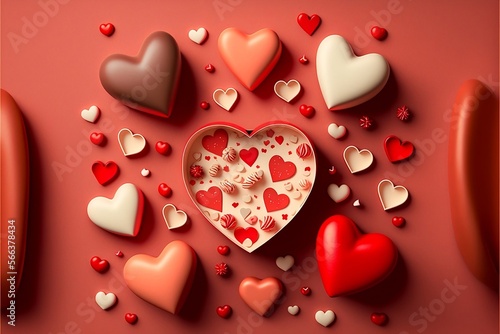 Saint Valentine day background with gift box and various red hearts. Flat lay style greeting composition