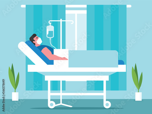 Intravenous therapy. Man on a dropper lying on a hospital gurney in front of a window. Vector graphics