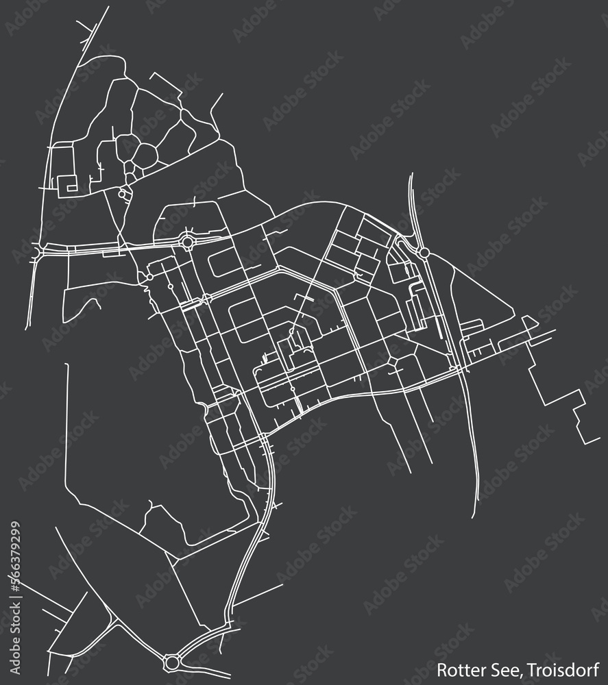 Detailed negative navigation white lines urban street roads map of the ROTTER SEE DISTRICT of the German town of TROISDORF, Germany on dark gray background