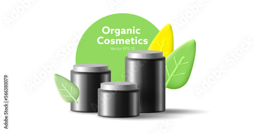 Composition of realistic black jars for cosmetics. Natural cosmetics banner with green leaf elements for advertising design.