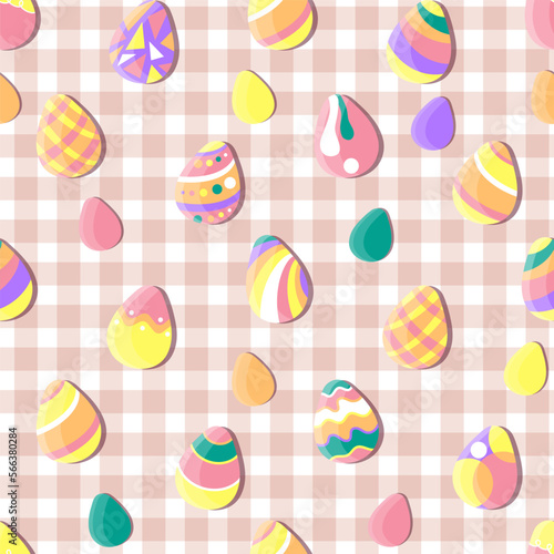 Easter seamless pattern with painted eggs. Geometric colorful eggs lying on plaid. Gingham texture. Flat cartoon style Vector illustration