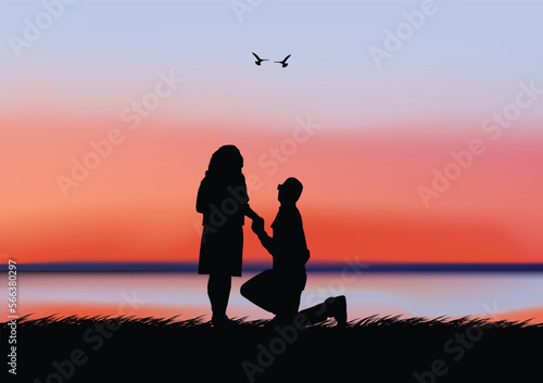 Romantic silhouette loving couple at sunset.Vector