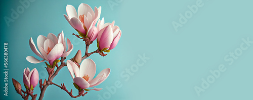 Beautiful pink magnolia flowers on blue background. Illustration