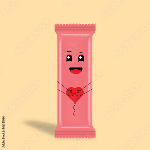 Cute Candy Chocolate Character in pink wrap holding a heart with cheerful expression isolated on pastel background. Vector Illustration 