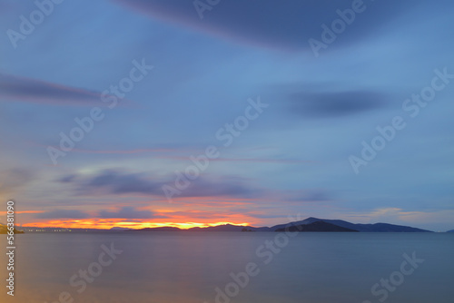 sunset on the beach. Seaside town of Turgutreis and spectacular sunsets. Selective Focus.  