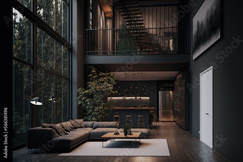 Modern dark home interior background, loft interior, 3d render. Ai-generative. © jlfsousa