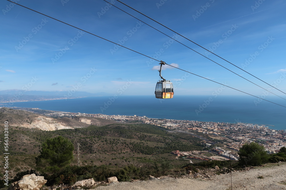 Cable car in the sky over the coast of Benalmadena in Spain