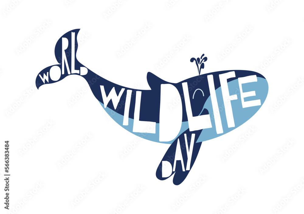 World Wildlife day poster with blue whale. March 3. White typography on whale silhouette. Save animals concept. Card, background template Vector illustration