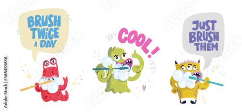 Vector illustration with three different cartoon style monsters enjoying brushing their teeth with motivational quotes