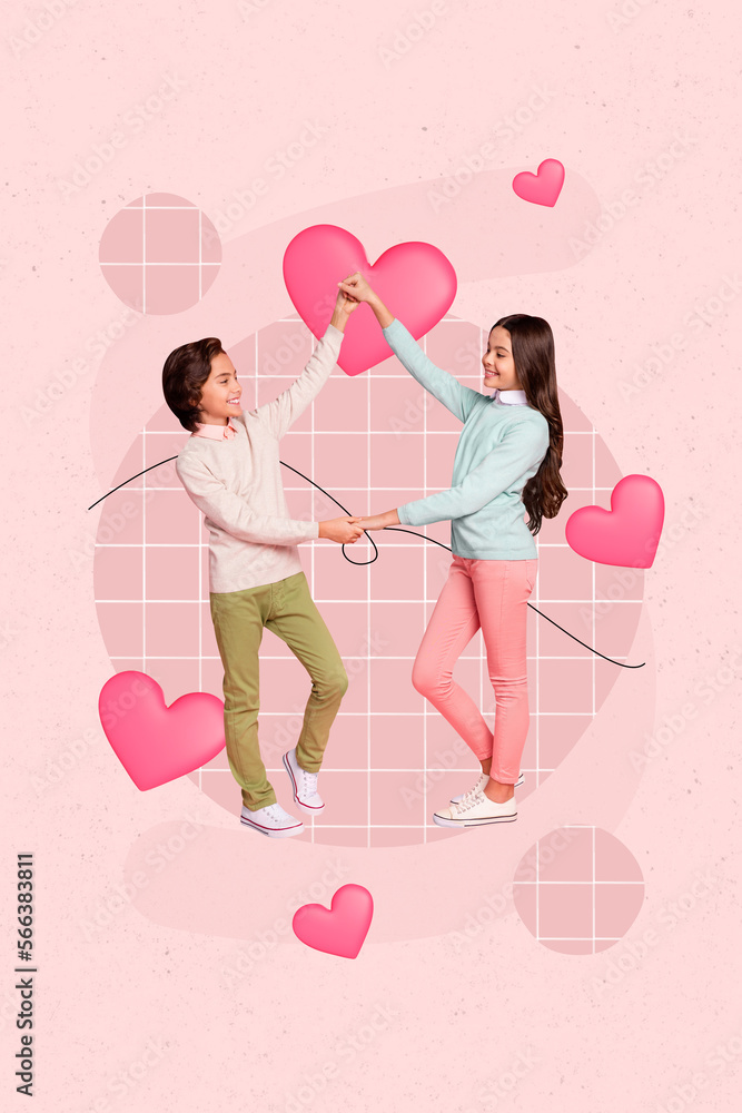 Vertical creative photo greeting picture poster postcard of two positive little people have fun isolated on drawing background Vertical creative photo greeting picture poster postcard of two positive little people have fun isolated on drawing background