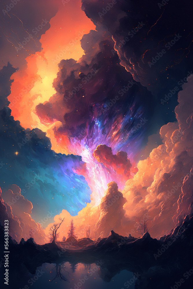 Fantasy dreamy sunset with stars and galaxies in the sky, artistic, colorful, art.