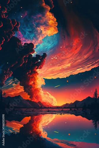 Fantasy dreamy sunset with stars and galaxies in the sky  artistic  colorful  art.