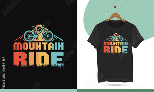 Vintage retro-style unique mountain cycling t-shirt design template. Vector illustration with adventure, bike, ride, and cycle silhouettes. It can be used for shirts, mugs, bags, and pillows.