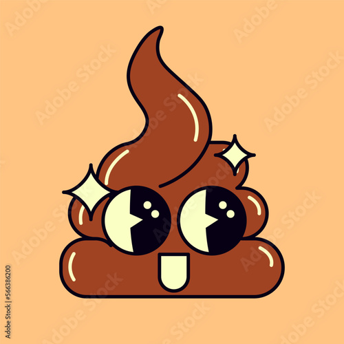 Shiny cartoon poop emoji in 80s style illustration. Vintage shit illustration in retro style. Bunch of brown poop icon in line style. Vector flat icon design