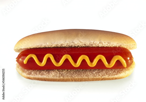 HotDog, soft bun with sausage and mustard sauce