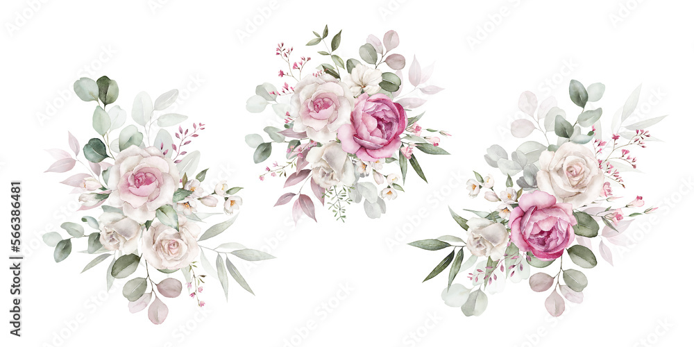 Watercolor floral bouquet set with green leaves, pink peach blush white flowers, leaf branches, for wedding invitations, greetings, wallpapers, fashion, prints. Eucalyptus, olive, rose, peony. - obrazy, fototapety, plakaty 