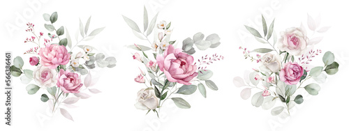 Watercolor floral bouquet set with green leaves, pink peach blush white flowers, leaf branches, for wedding invitations, greetings, wallpapers, fashion, prints. Eucalyptus, olive, rose, peony.