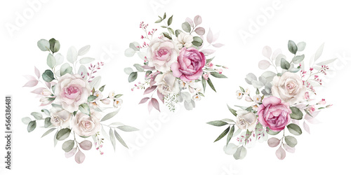 Watercolor floral bouquet set with green leaves, pink peach blush white flowers, leaf branches, for wedding invitations, greetings, wallpapers, fashion, prints. Eucalyptus, olive, rose, peony.