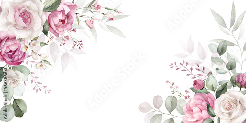 Watercolor floral border wreath with green leaves, pink peach blush white flowers branches, for wedding invitations, greetings, wallpapers, fashion, prints. Eucalyptus, olive, rose, peony.