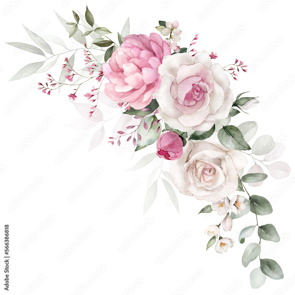Watercolor floral bouquet with green leaves, pink peach blush white flowers leaf branches, for wedding invitations, greetings, wallpapers, fashion, prints. Eucalyptus, olive green leaves, rose, peony.