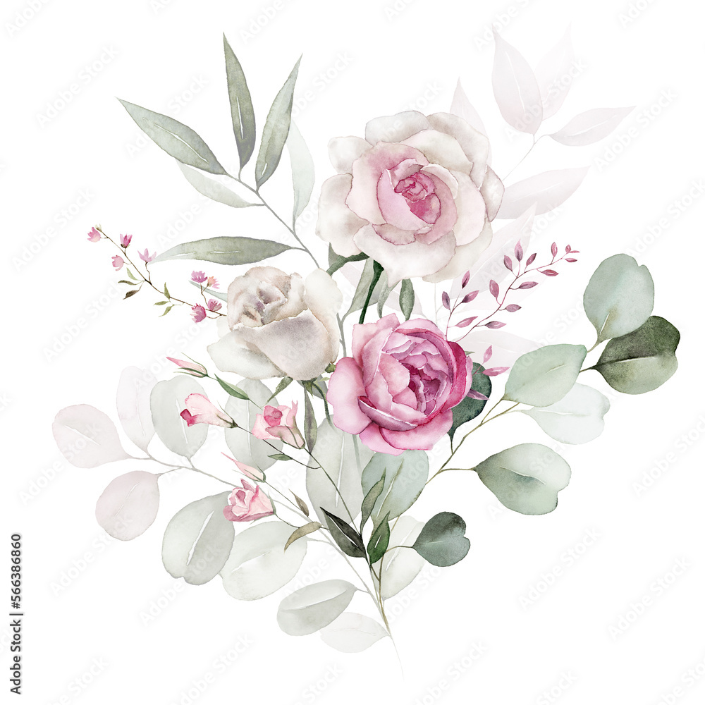 Watercolor floral bouquet with green leaves, pink peach blush white flowers leaf branches, for wedding invitations, greetings, wallpapers, fashion, prints. Eucalyptus, olive green leaves, rose, peony.