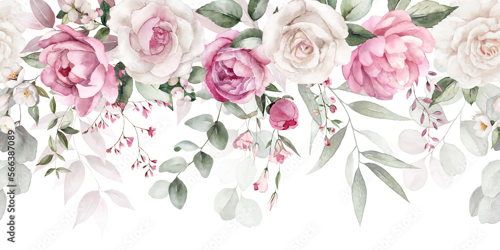 Watercolor floral seamless border with green leaves, pink peach blush ...
