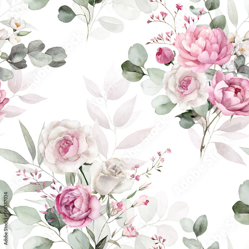 Watercolor floral seamless pattern with green leaves  pink peach blush white flowers  leaf branches. Wedding invitations  backgrounds  wallpapers  fashion  prints  fabric. Eucalyptus  rose  peony.