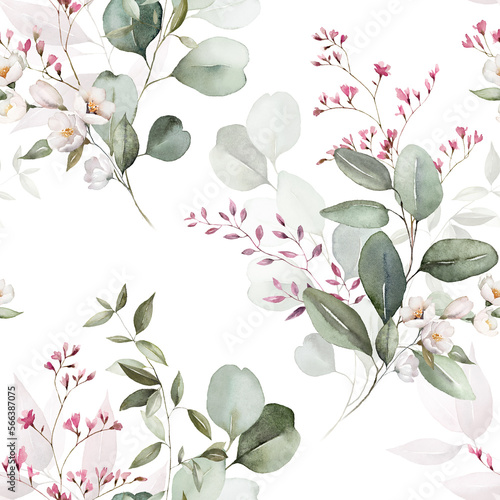 Watercolor floral seamless pattern with green leaves, pink peach blush white flowers, leaf branches. Wedding invitations, backgrounds, wallpapers, fashion, prints, fabric. Eucalyptus, rose, peony.