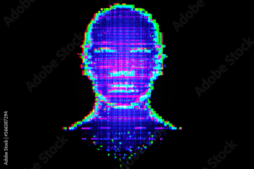 Human head made of pixels in neon holographic, virtual reality and artificial intelligence concept – Generative AI 3D illustration