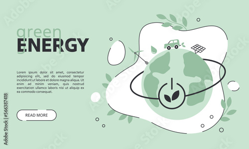 The concept of green energy, environmental management. Save the planet. Earth, the use of alternative energy in many ways. Vector flat linear illustration, web banner