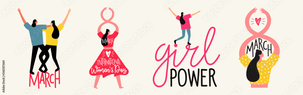 Vector illustration set with hugging and dancing women. 8 march international women's day greeting card design. Colored typography poster collection with holiday lettering text Vector illustration set with hugging and dancing women. 8 march international women's day greeting card design. Colored typography poster collection with holiday lettering text