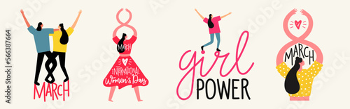 Vector illustration set with hugging and dancing women. 8 march international women's day greeting card design. Colored typography poster collection with holiday lettering text