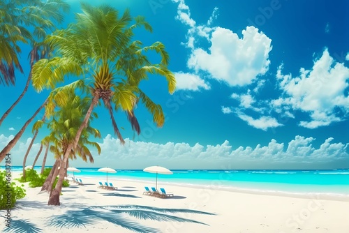 pretty beach with palm trees and turquoise sea made with Generative AI © Marvin