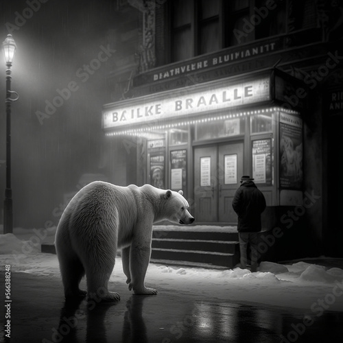 Polar Bear Outside a Movie theatre  Black and White.