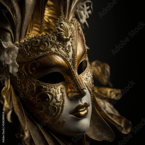 Golden carnival mask close-up shot. Generative AI. 