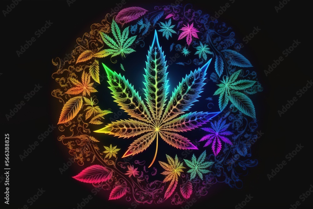Neon glowing Cannabis leaf over dark background. Generative AI