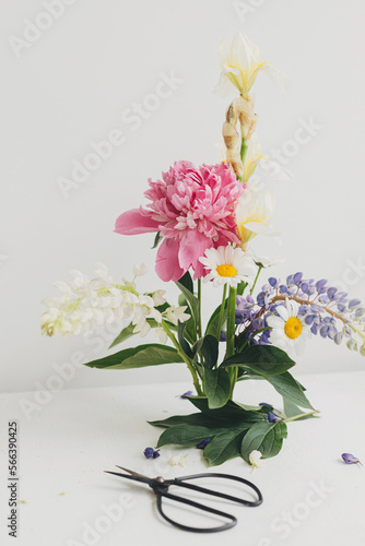 Stylish peony  lupin  iris and daisy arrangement on kenzan with scissors on rustic wood. Creative floral image. Modern summer flowers composition on rustic white table indoors.