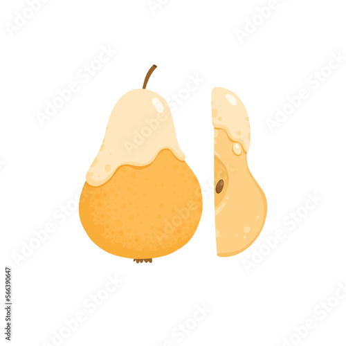 Baked caramelized pear. Sweet fruit dessert with caramel, honey, winter spices. Christmas seasonal yummy food. Homemade eating. Flat vector illustration isolated on white background